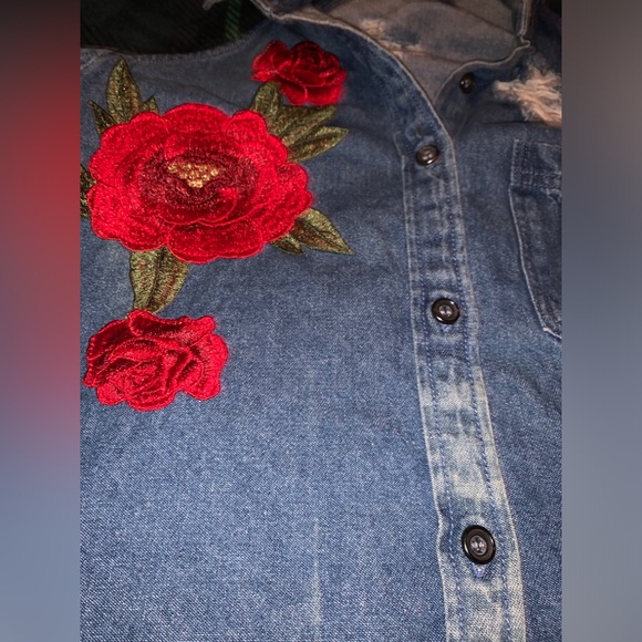 Denim Shoulder out Top with Floral Embellishment - Picture 6 of 8